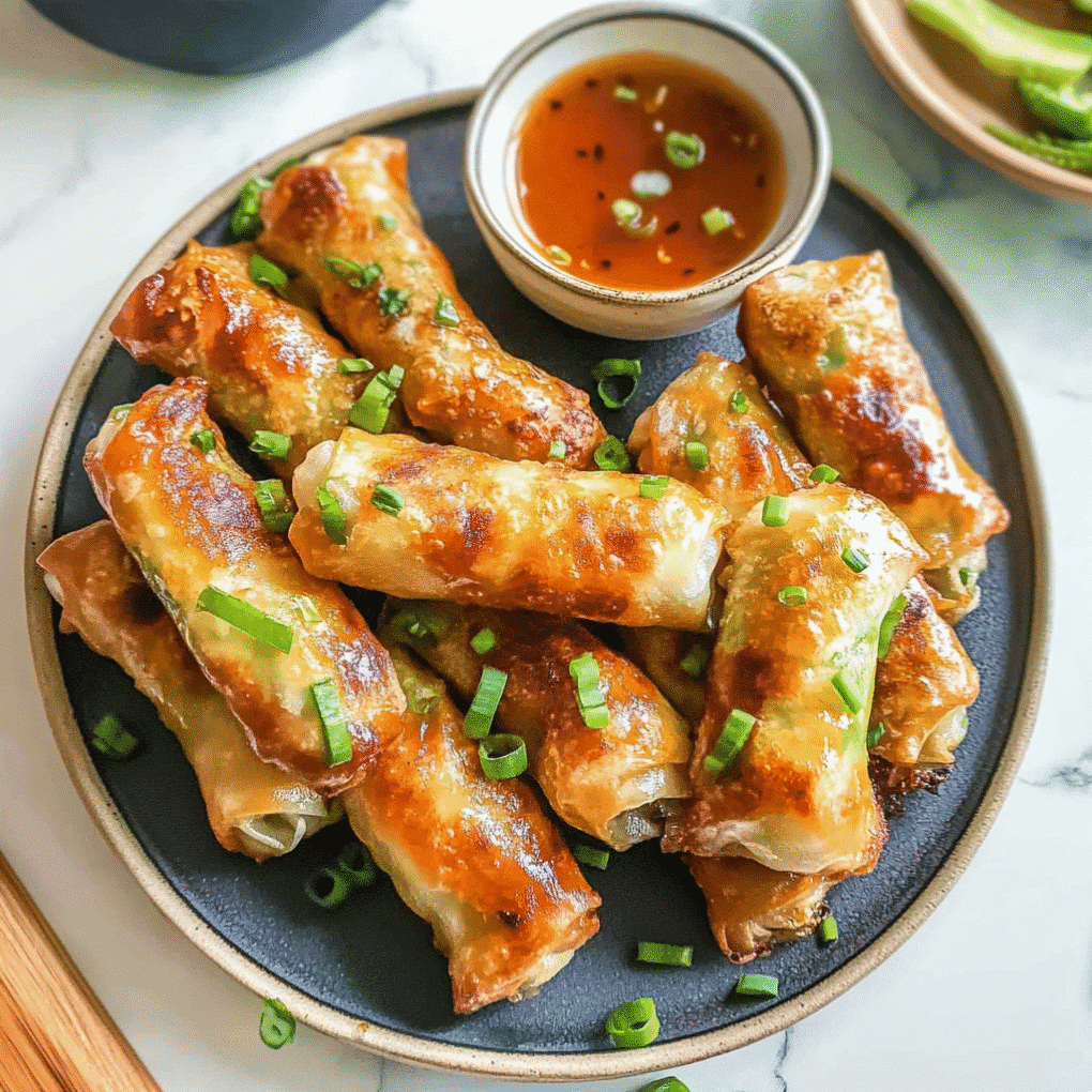 Delicious Best Easy Air Fryer Egg Rolls served as a complete meal with sweet chili dipping sauce by chef Louisa Jannet
