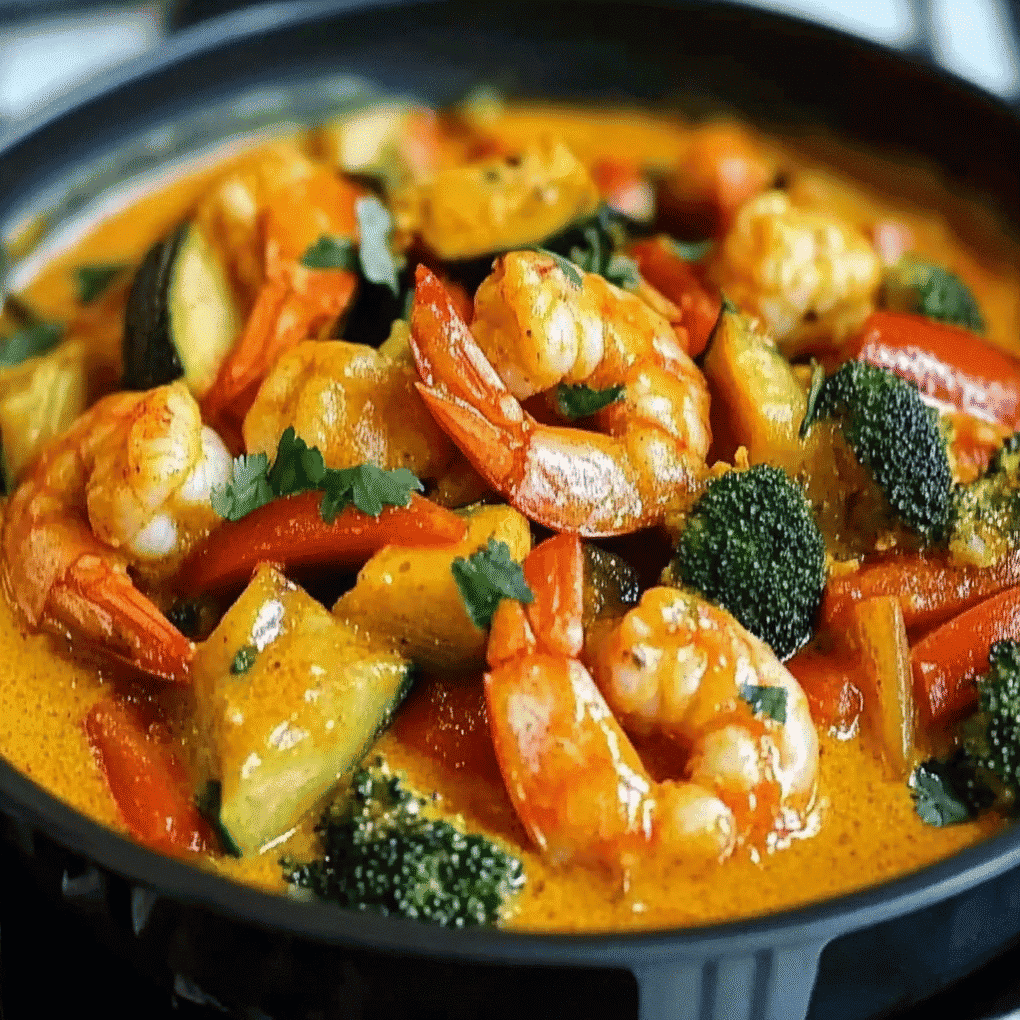 Delicious Spiced Coconut Curry Shrimp with Vegetables served over Jasmine rice with fresh cilantro garnish in a white bowl by chef Louisa Jannet