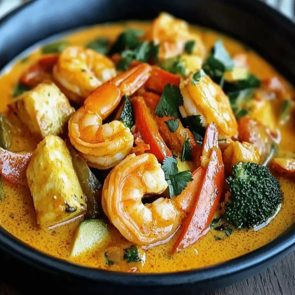 Delicious homemade Spiced Coconut Curry Shrimp with Vegetables with perfect texture and flavor - easy recipe ready in 30 minutes