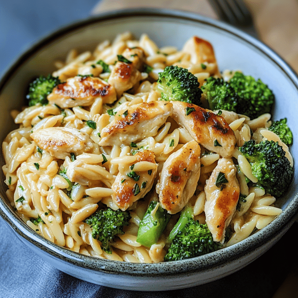 Delicious Cheesy Chicken Broccoli Orzo served as a complete meal with garlic bread by chef Louisa Jannet