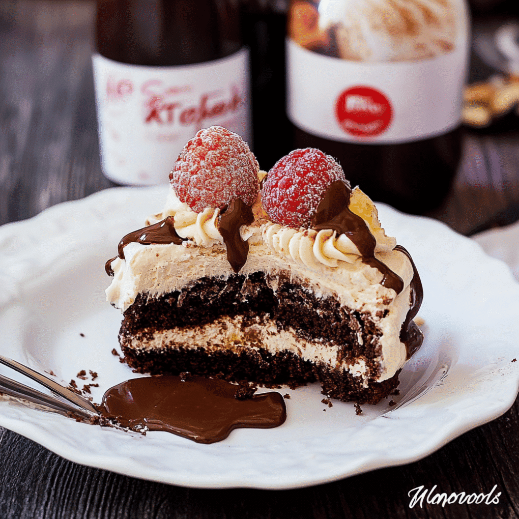 Delicious Nutella Layer Cake served as a complete dessert with fresh berries and espresso by chef Louisa Jannet
