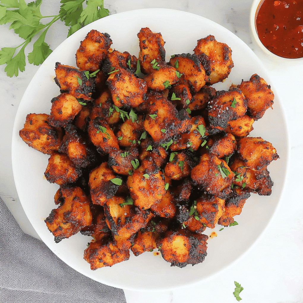 Freshly prepared homemade Air Fryer Chicken Bites with perfect texture by chef Louisa Jannet