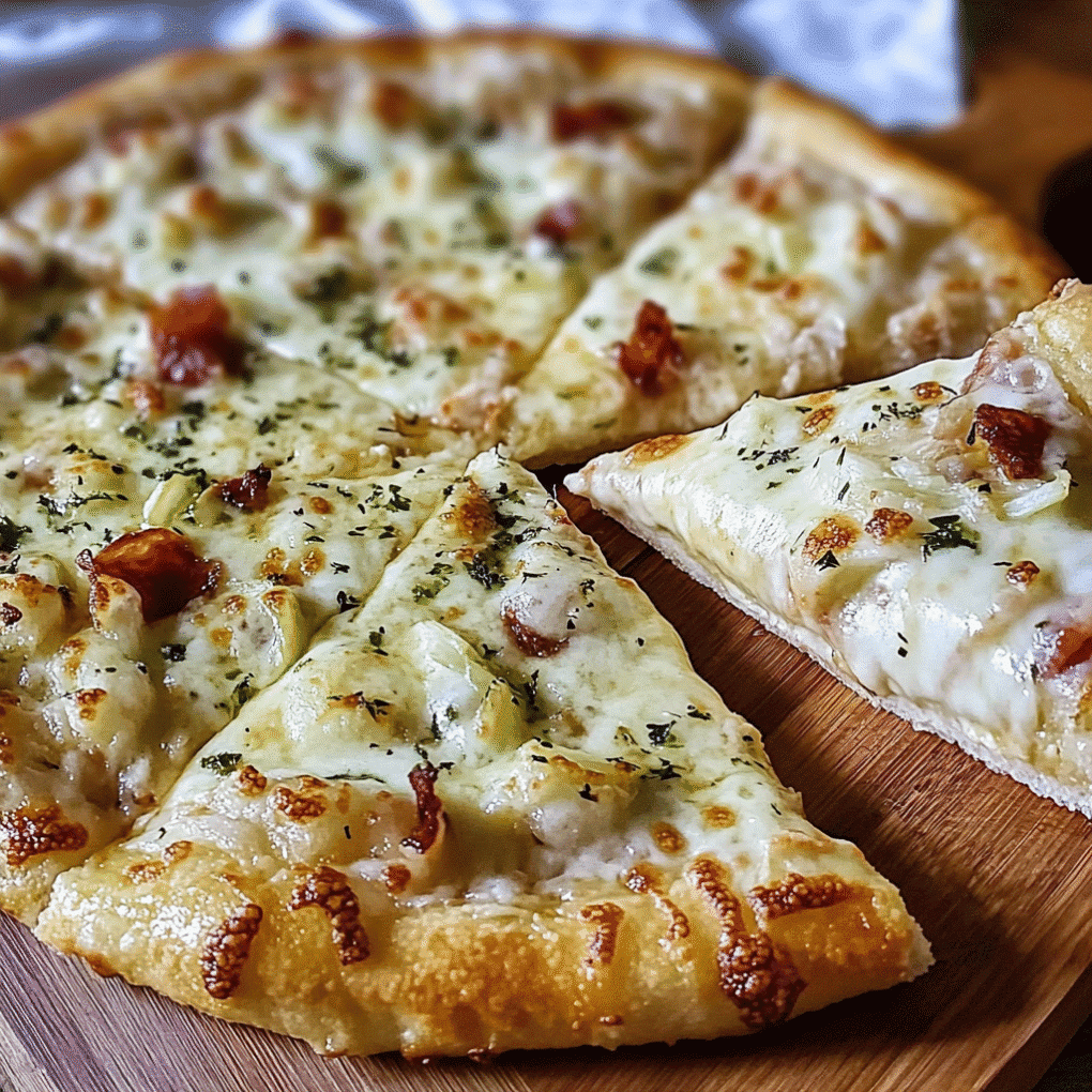 Freshly prepared homemade White Pizza with perfect texture by chef Louisa Jannet