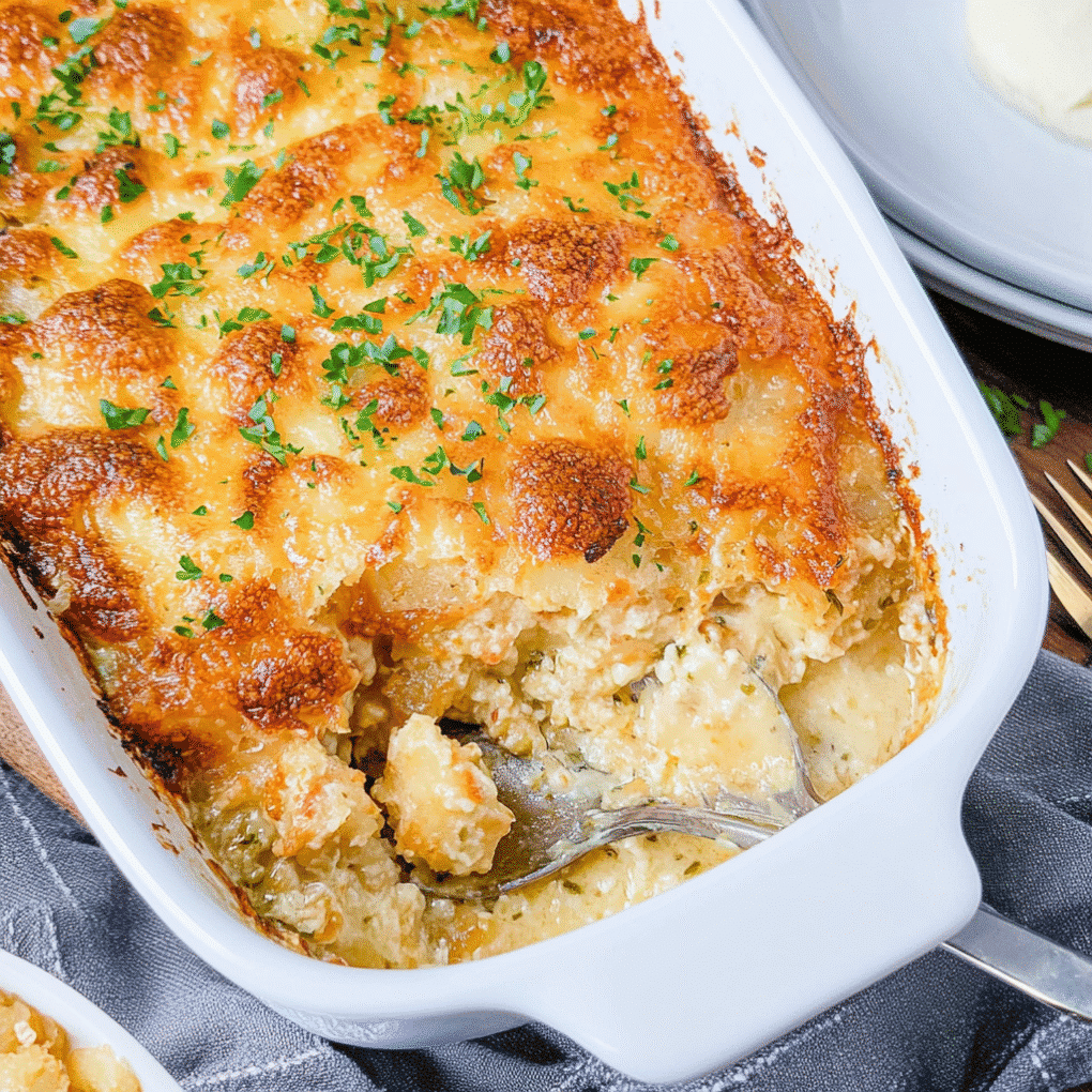 Delicious Million Dollar Chicken Casserole served as a complete meal with green beans by chef Louisa Jannet
