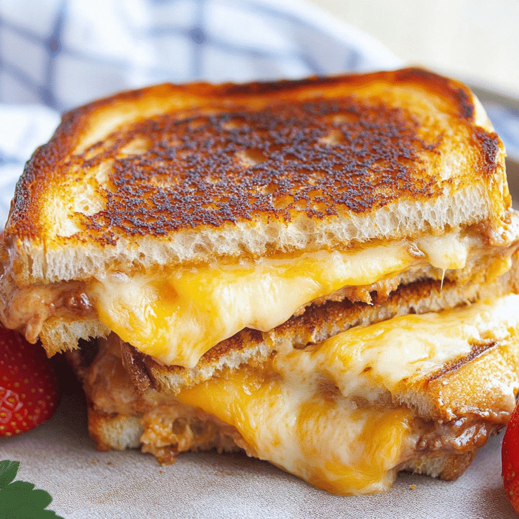 Perfectly golden brown homemade Air Fryer Grilled Cheese sandwich cut in half revealing melted cheese, styled on a rustic board. width="1200" height="900"