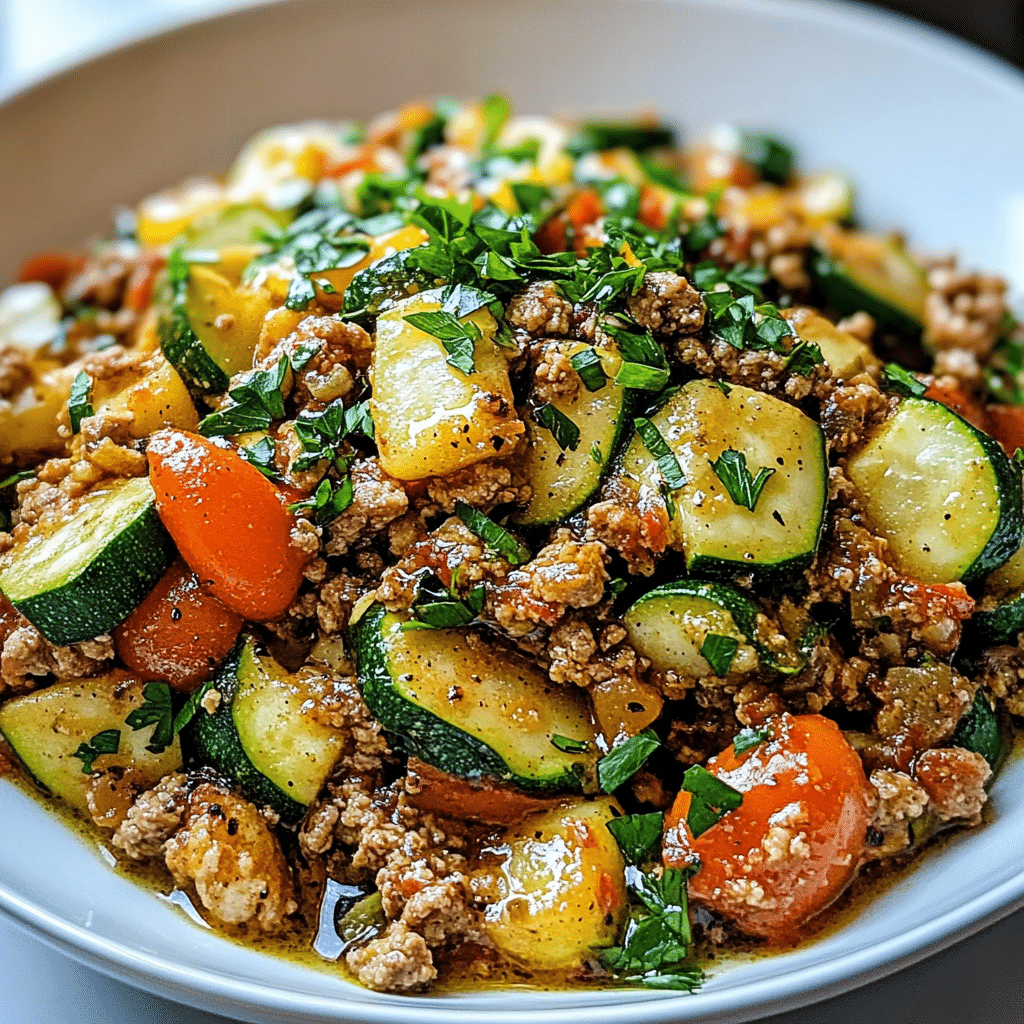 Ingredients for Ground Turkey and Zucchini Skillet including ground turkey, zucchini, onion, garlic, tomatoes, spices by Louisa Jannet