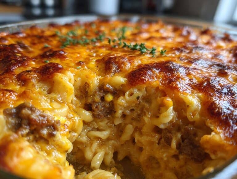 Cheddar Ranch Beef and Sweet Corn Rotini Bake