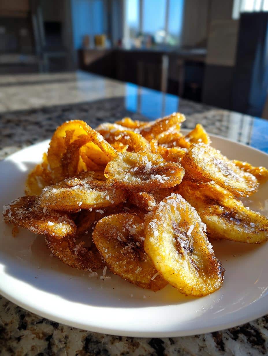 Irresistible Cinnamon Sugar Air Fryer Banana Chips golden crispy snack on cooling rack