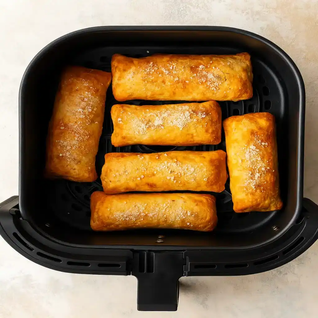 Golden brown Hot Pockets in an air fryer basket showing crispy exterior with melted cheese visible through a cut opening, demonstrating the perfect air fryer cooking method