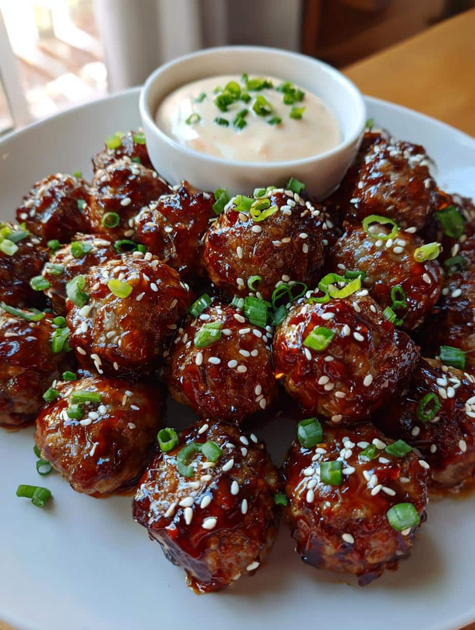 Irresistible Korean BBQ Meatballs with Spicy Mayo Dip glossy glaze party platter