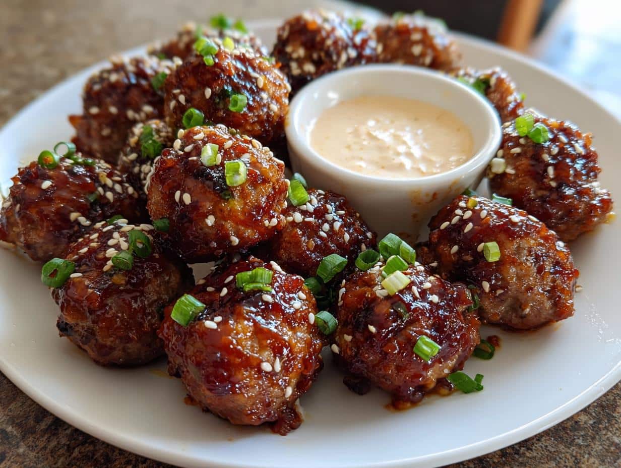 Korean BBQ Meatballs with Spicy Mayo Dip