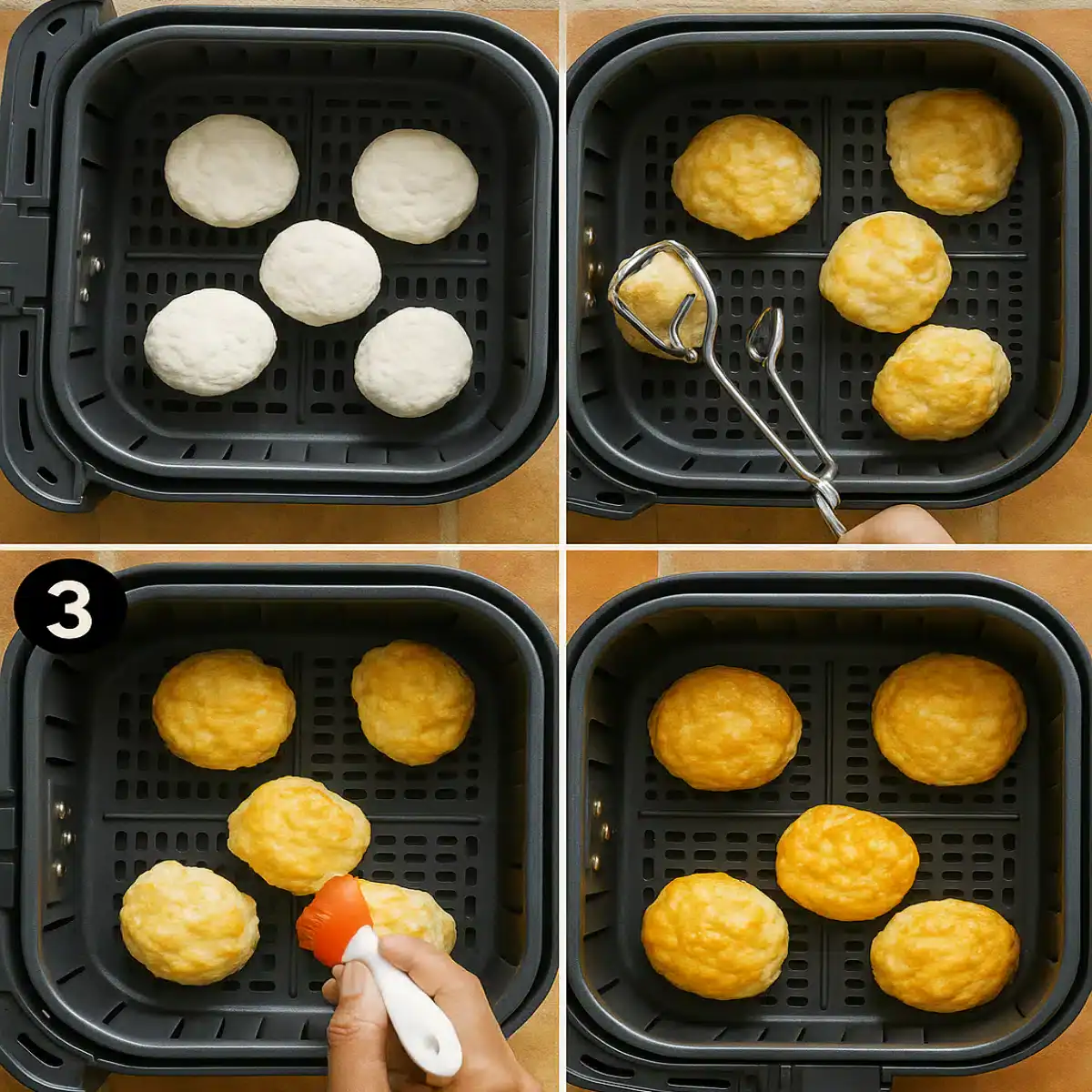 Step-by-step cooking process for frozen biscuits in air fryer — from frozen dough to golden-brown finish using silicone tongs and melted butter.