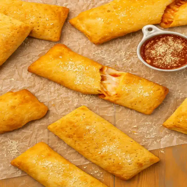 Golden brown Hot Pockets in an air fryer basket showing crispy exterior with melted cheese visible through a cut opening, demonstrating the perfect air fryer cooking method