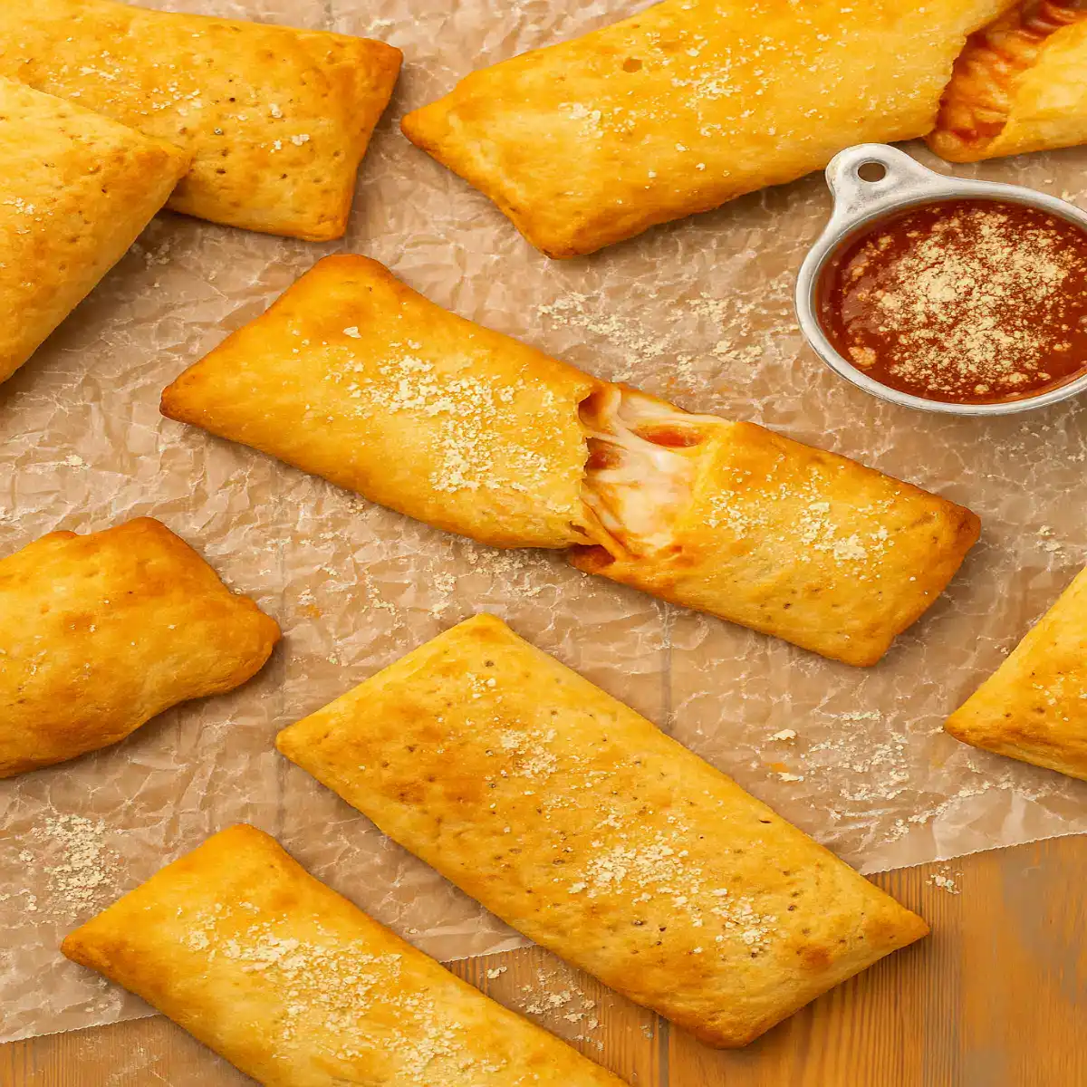 Golden brown Hot Pockets in an air fryer basket showing crispy exterior with melted cheese visible through a cut opening, demonstrating the perfect air fryer cooking method