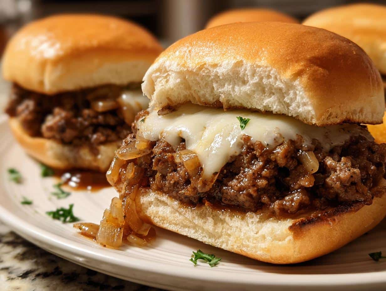 Caramelized Onion Swiss Beef sliders on a plate