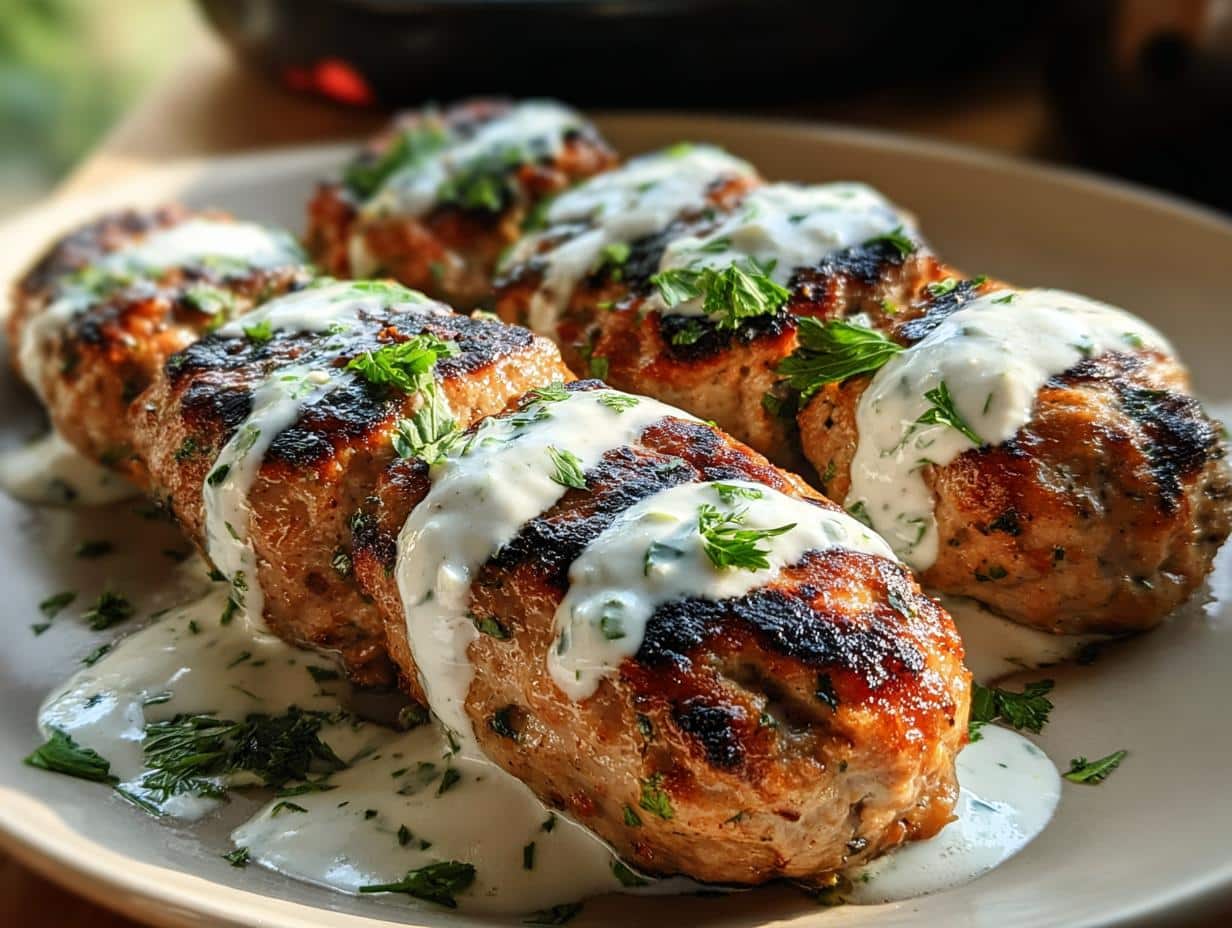 Chicken Kofta Garlic Yogurt koftas being grilled