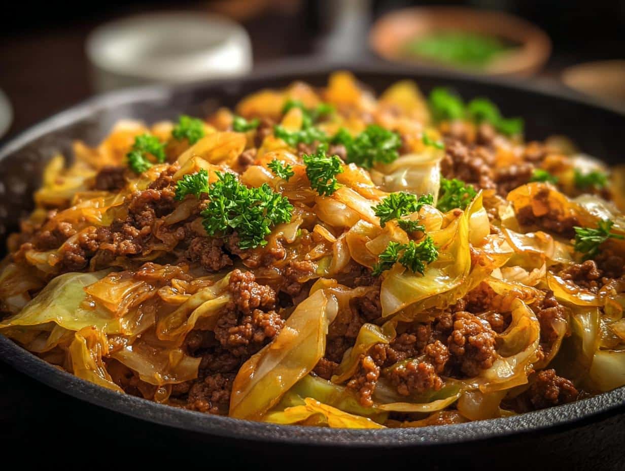 Close-up of a serving of Ground Beef Cabbage Skillet