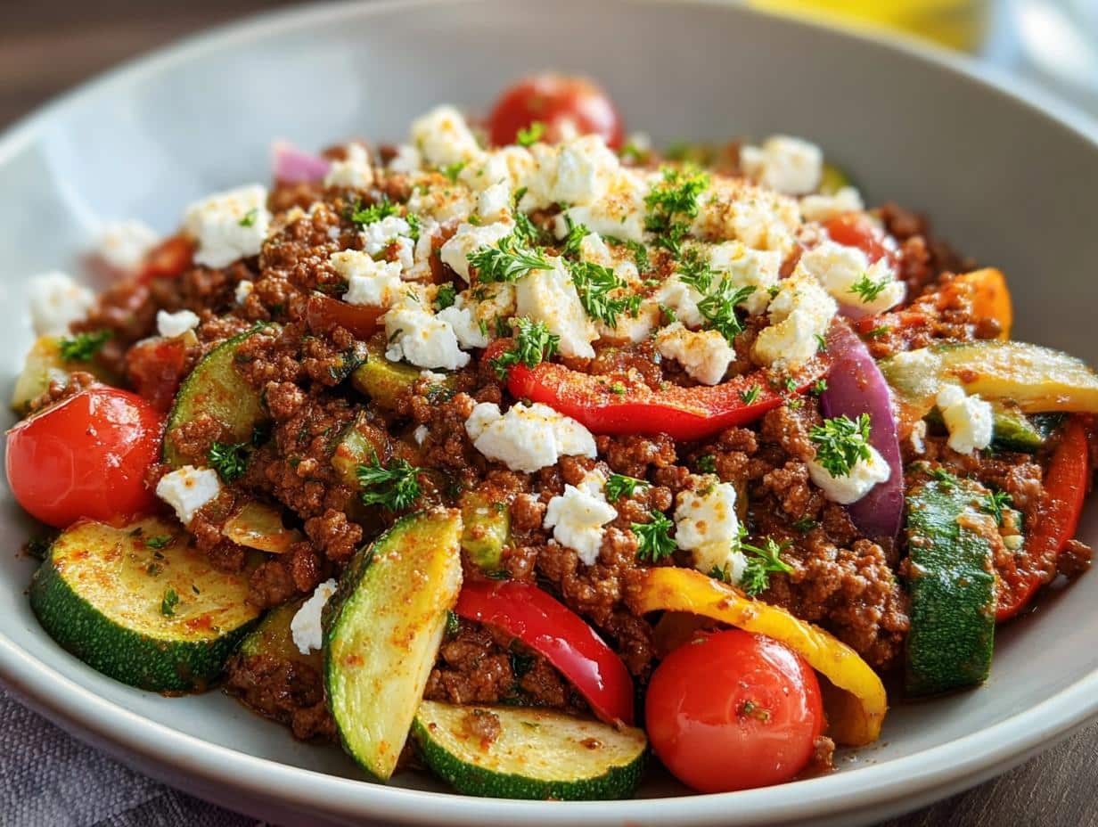 Ground Beef Stir Fry with Mediterranean Spices and Fresh Vegetables