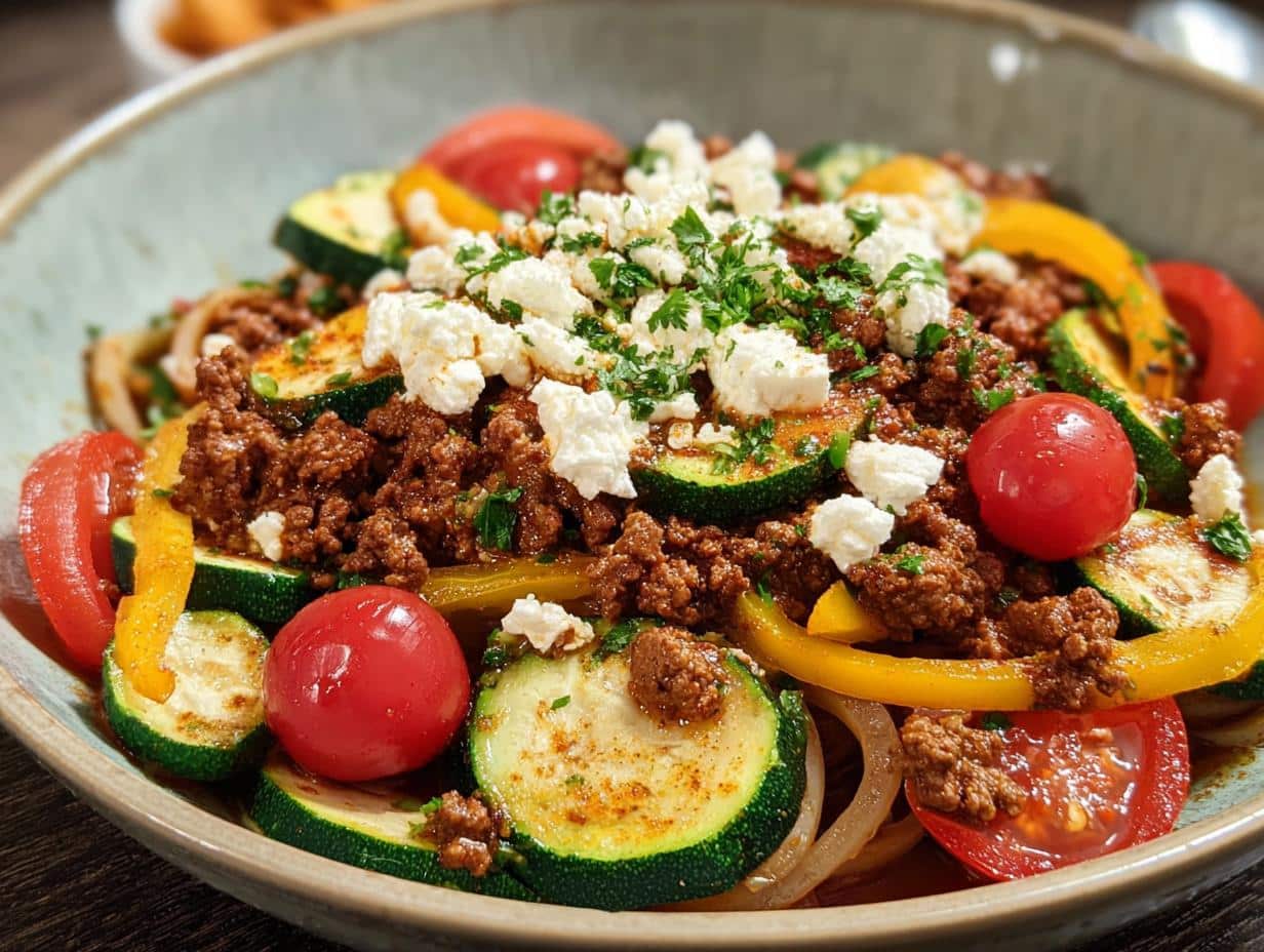 Close-up of a serving of Ground Beef Stir Fry with fresh parsley and feta