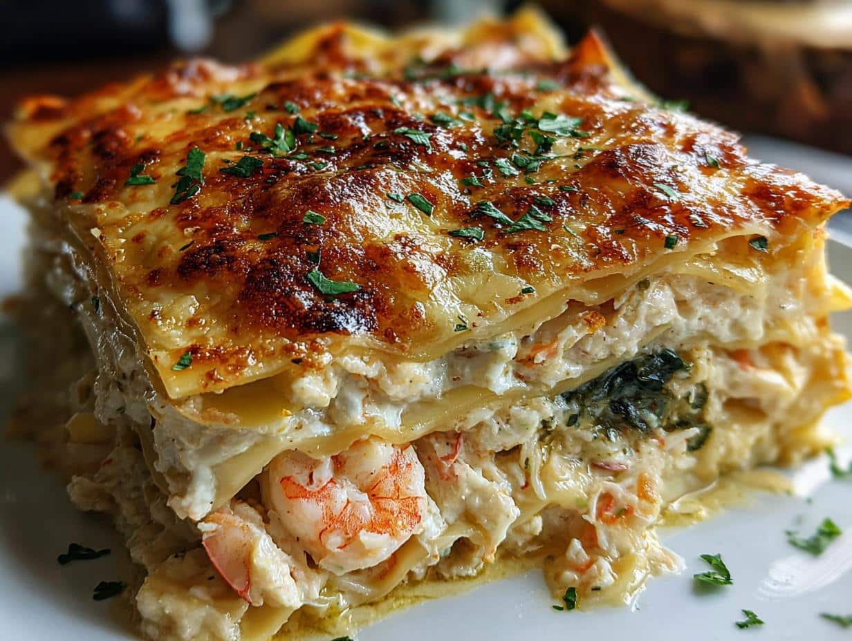 Seafood Lasagna Shrimp Crab: Supreme Flavor - Close-up of a serving of seafood lasagna