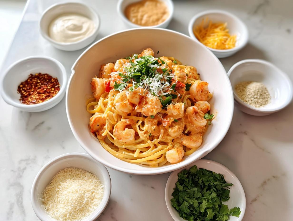 Bang Bang Shrimp Pasta - close up of creamy sauce coating pasta and shrimp