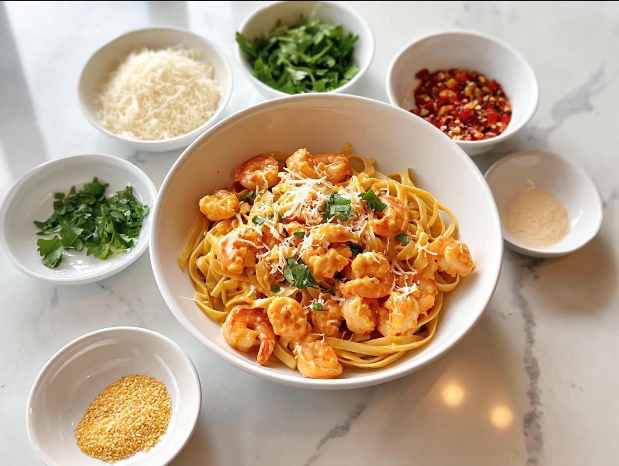 Bang Bang Shrimp Pasta - overhead shot of the finished dish with garnishes