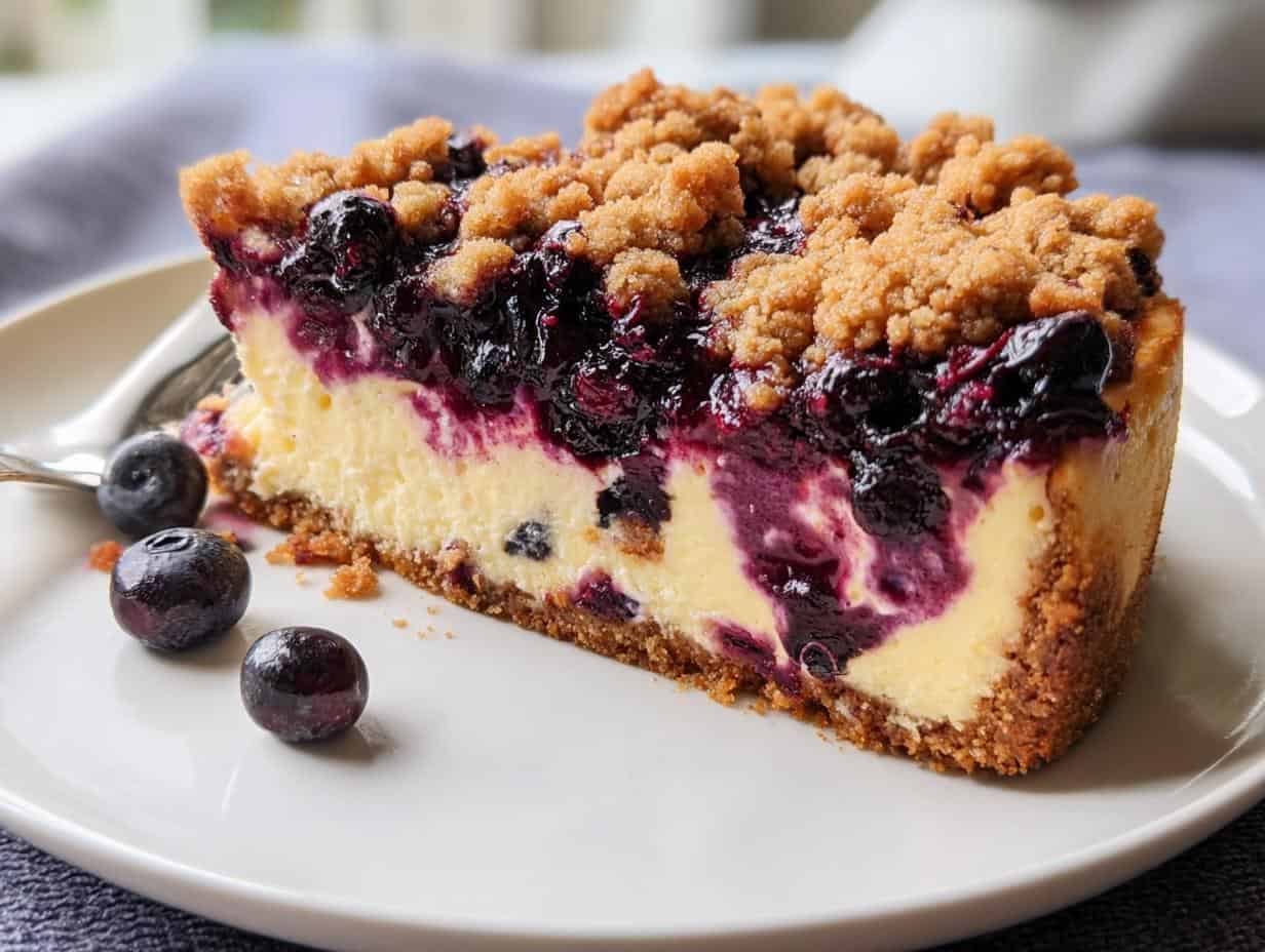 Amazing Blueberry Crumble Cheesecake Recipe - Blueberry Crumble Cheesecake - close up of crumble topping