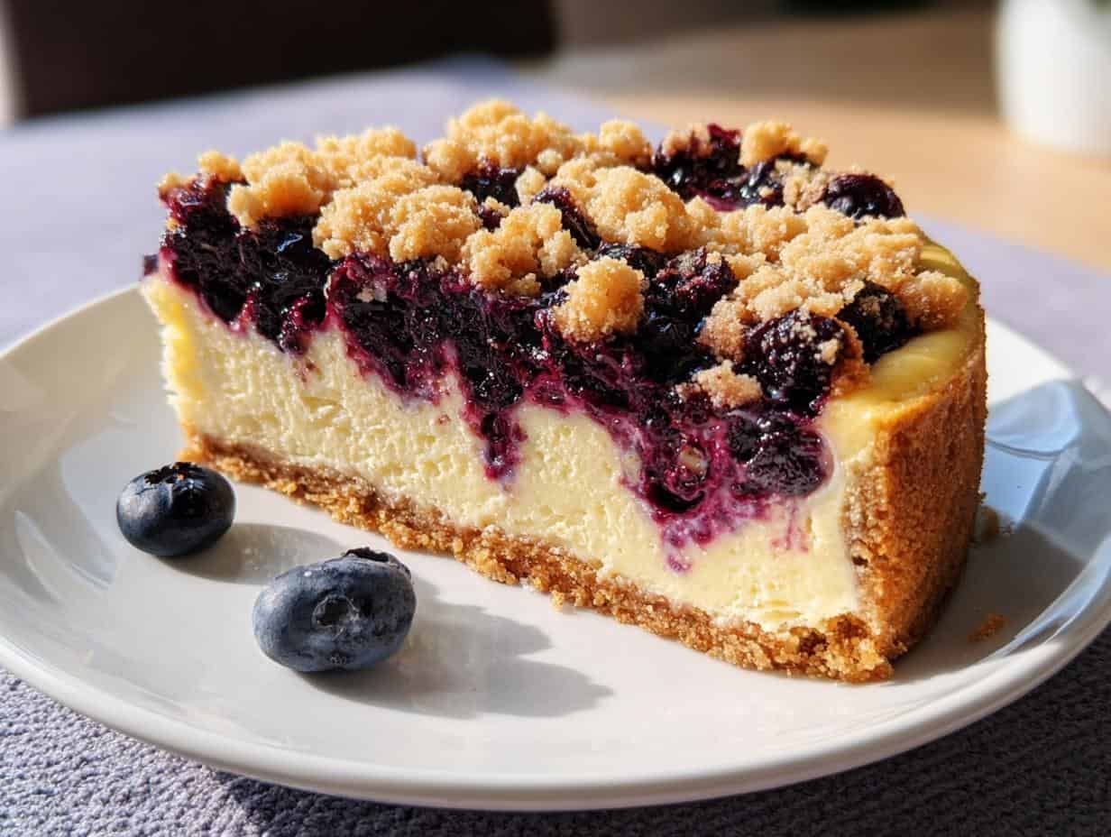 Amazing Blueberry Crumble Cheesecake Recipe - Blueberry Crumble Cheesecake - slice with topping