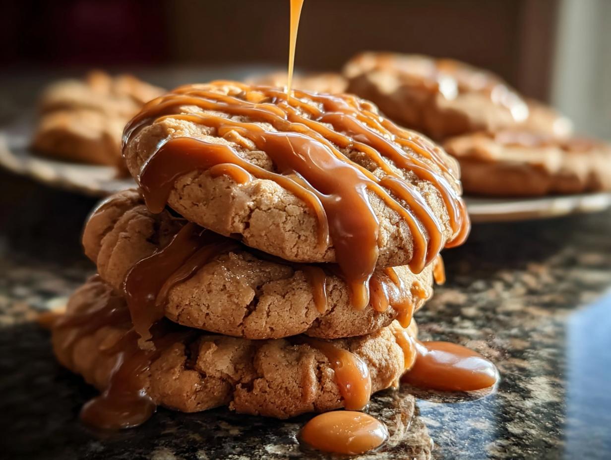 Caramel Drizzled Apple Cinnamon Cookies - close up of cookies with caramel drizzle