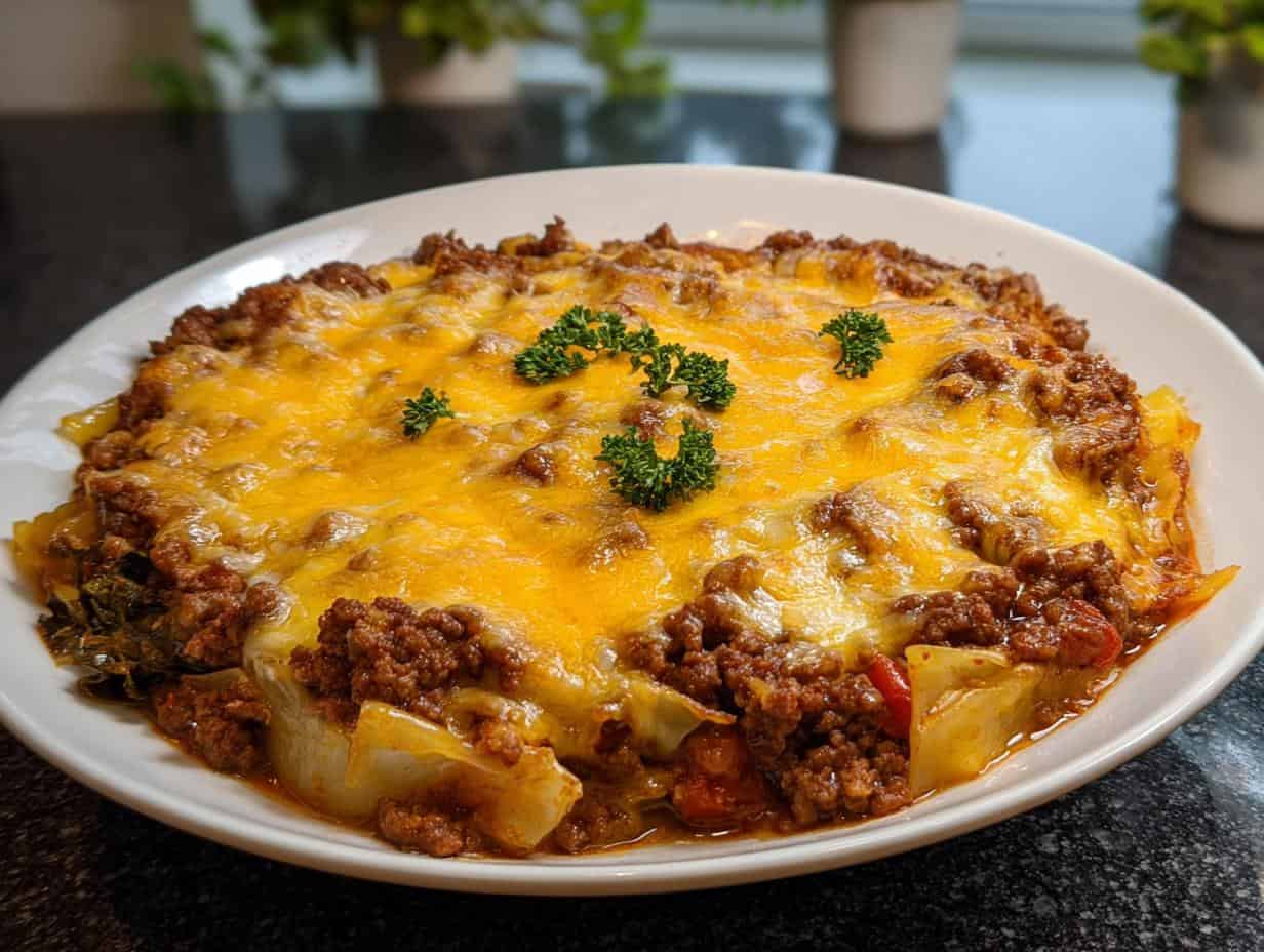 Cheesy Ground Beef Cabbage ingredients laid out