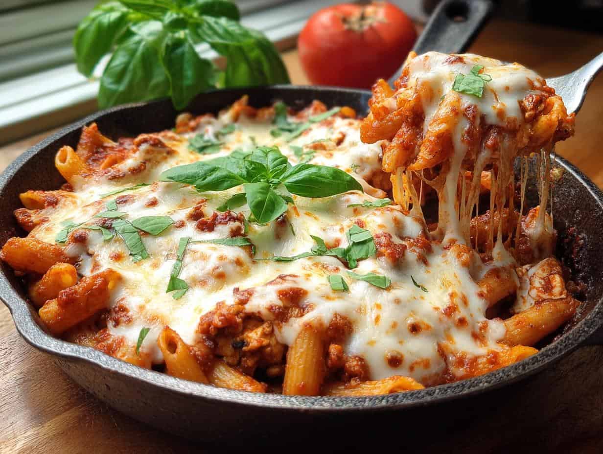 Close-up of Chicken Parmesan Pasta Skillet in a skillet