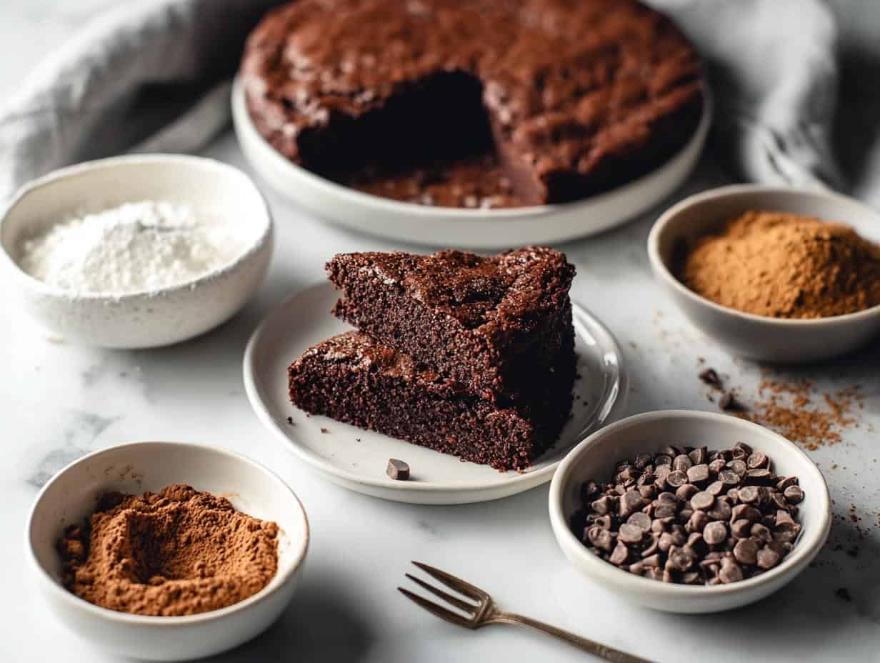 Chocolate Brownie Cake - slice with fork, showing rich texture