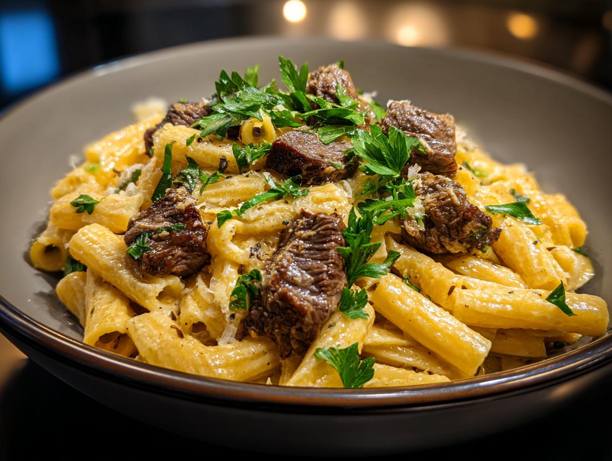 Garlic Cream Steak Pasta - close-up of creamy sauce coating fettuccine and steak