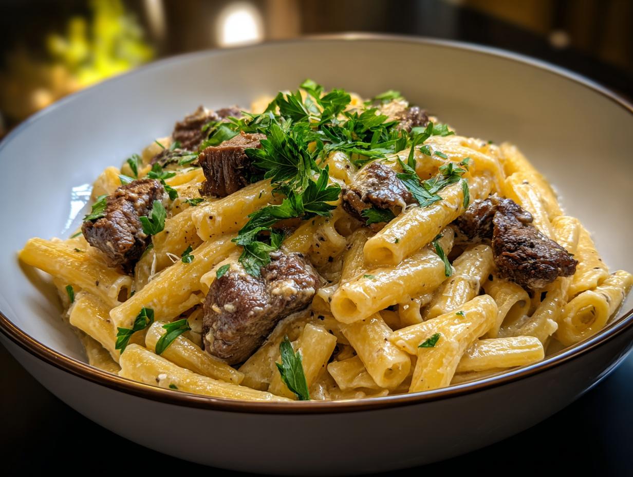 Garlic Cream Steak Pasta - ingredients laid out before cooking