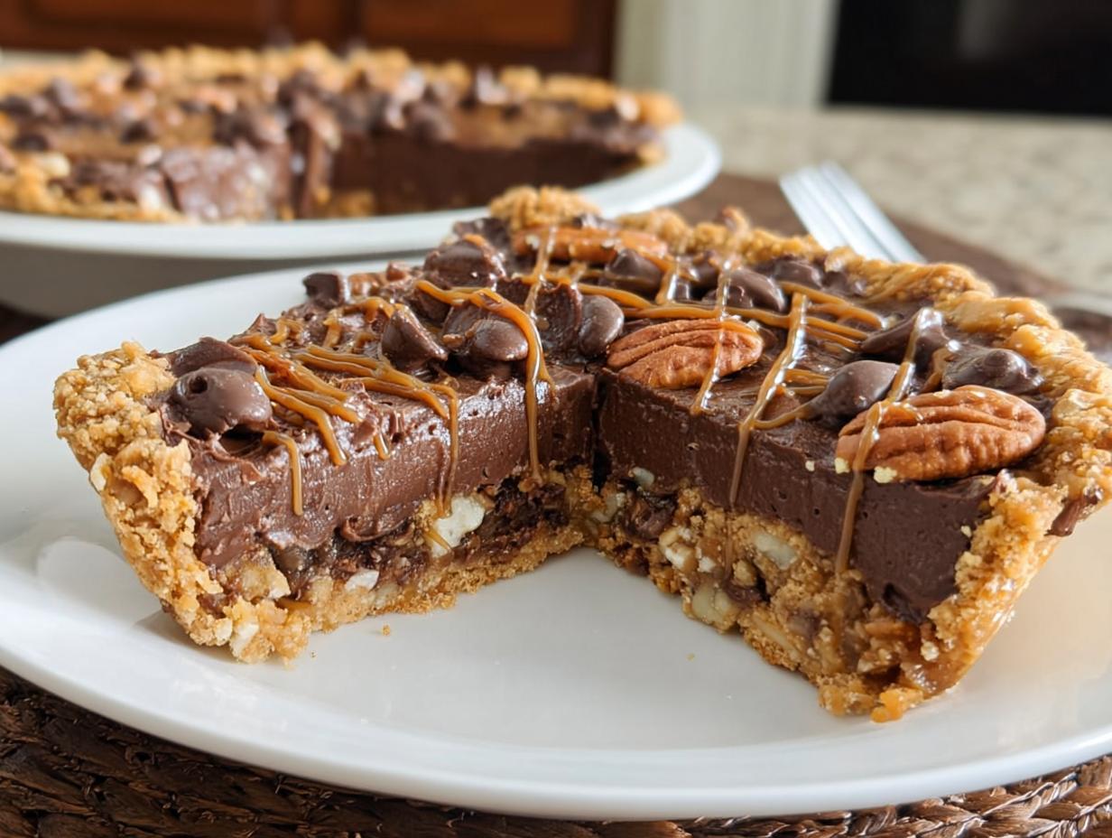 Gooey Chocolate Pretzel Pie: 3 Mouthwatering Secrets - Slice of pie with caramel drizzle