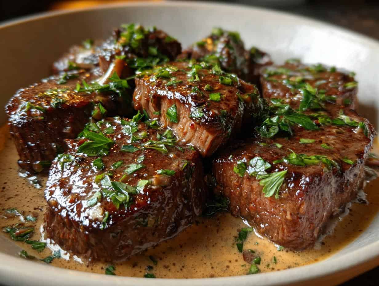 Haunted Bourbon Cream Steak: Divine 30-Minute Recipe - Close-up of steak slices coated in creamy, dark sauce