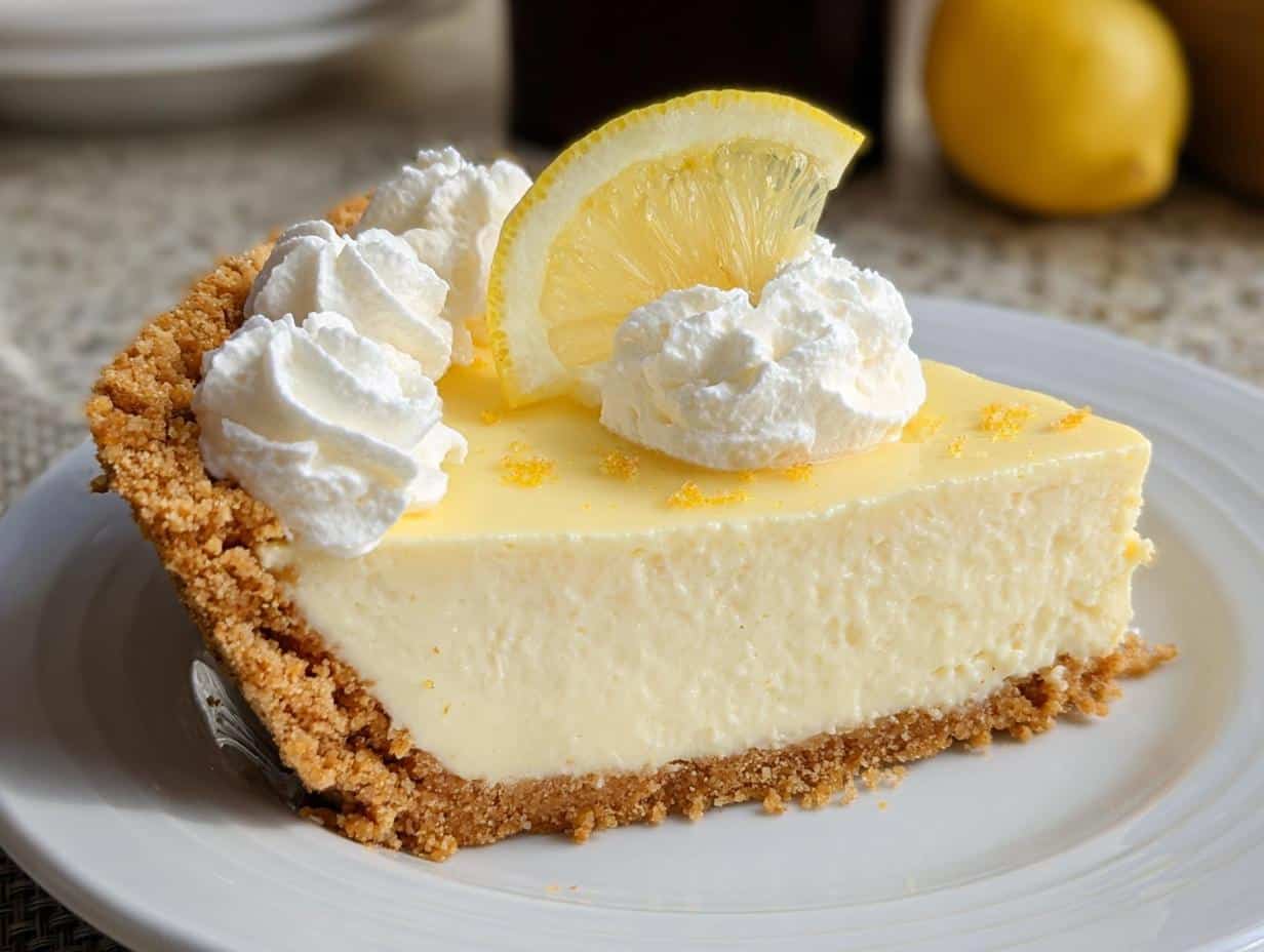 Lemon Cream Cheese Pie - close-up of a slice showing the creamy texture
