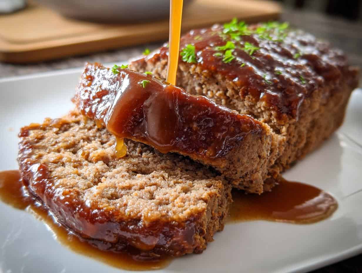 Meatloaf Brown Gravy - close-up of rich brown gravy being poured