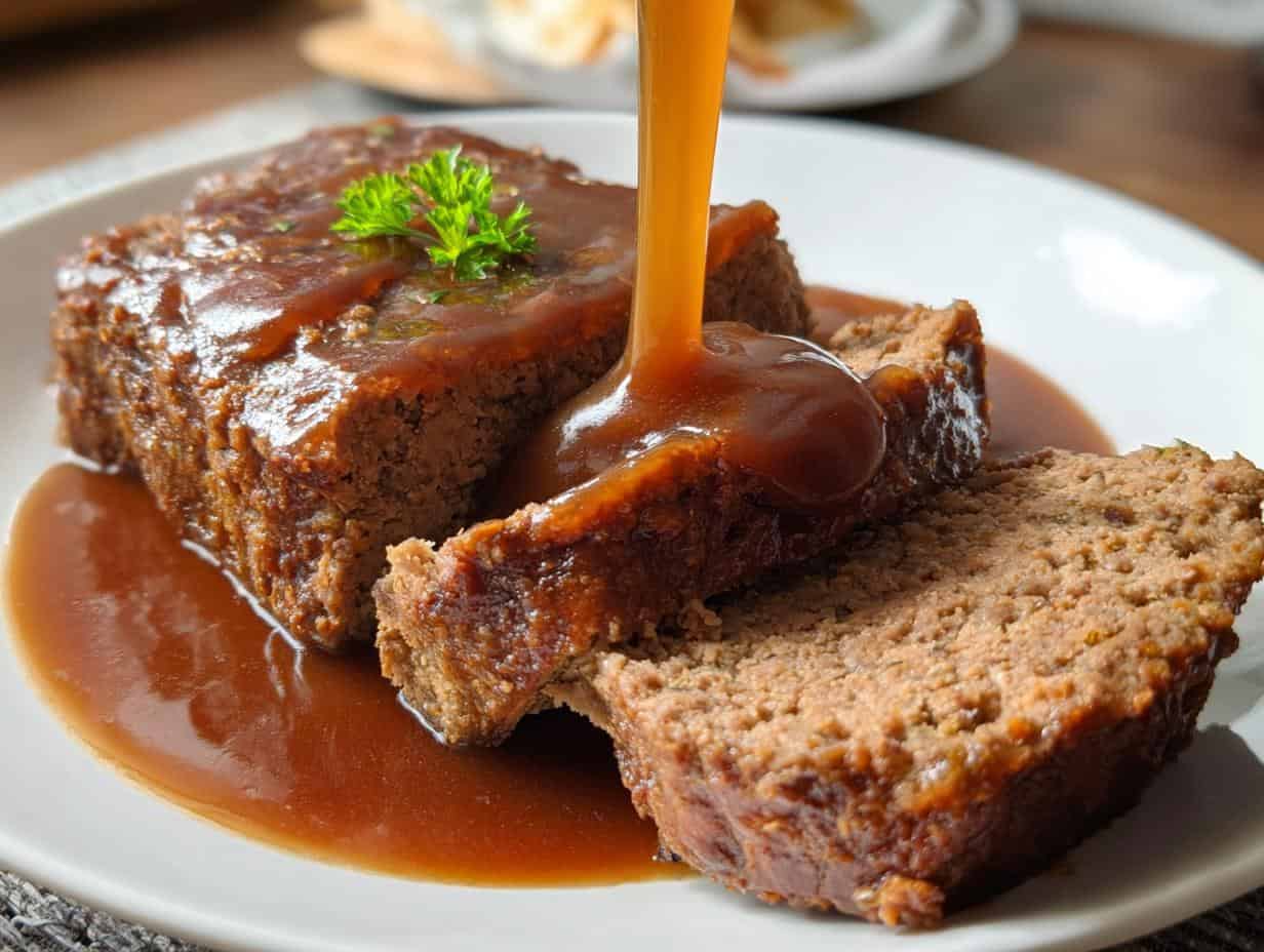 Meatloaf Brown Gravy - serving suggestion with meatloaf and mashed potatoes