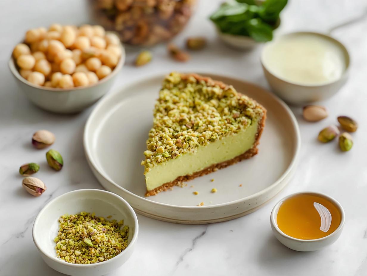 A slice of creamy Pistachio Pie on a plate, garnished with chopped pistachios