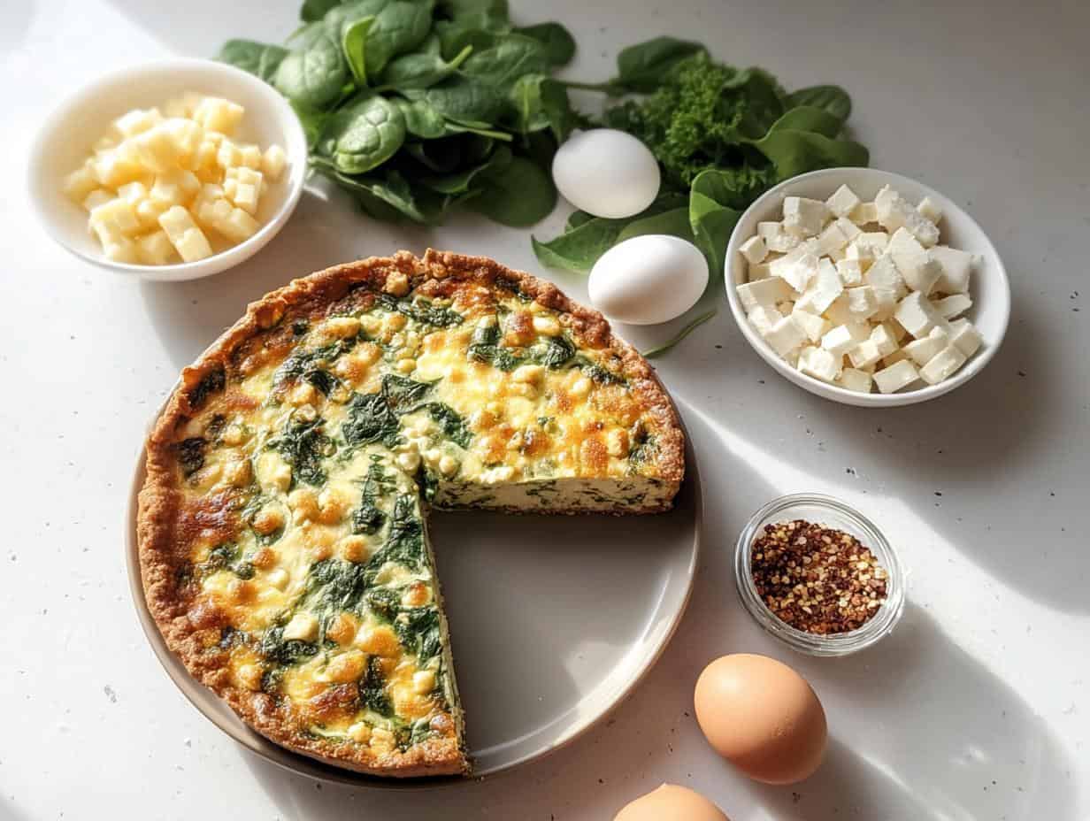Spinach Quiche - a slice on a plate with a side salad