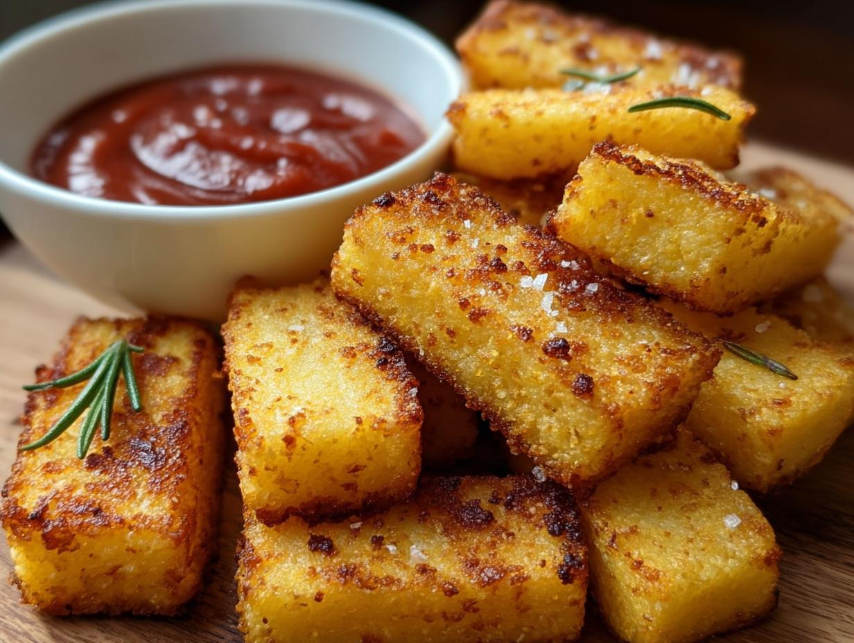 Polenta Chips: Crispy golden polenta sticks ready for baking