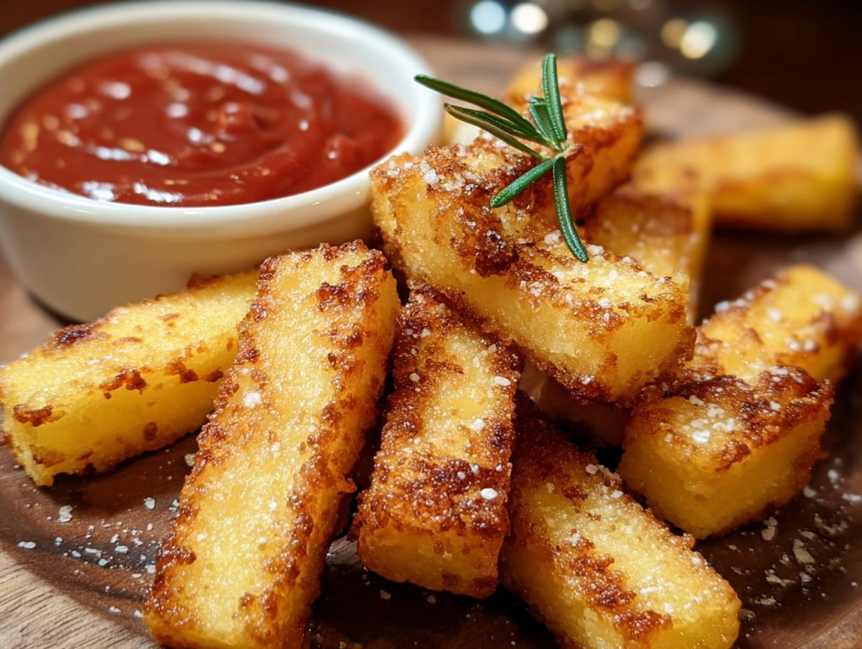 Polenta Chips: Close-up of golden brown and crispy polenta fries