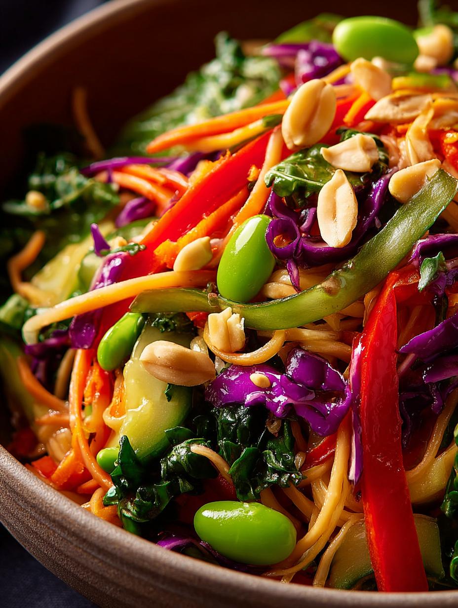 Vibrant Asian Rainbow Salad with colorful shredded vegetables and sesame ginger dressing in a large white bowl, ready to serve