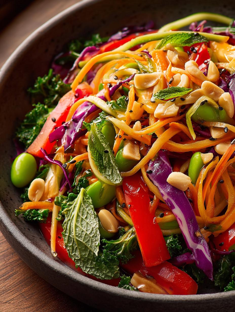 Close-up of Asian Rainbow Salad showing shredded red cabbage, carrots, bell peppers, and green onions, tossed with dressing