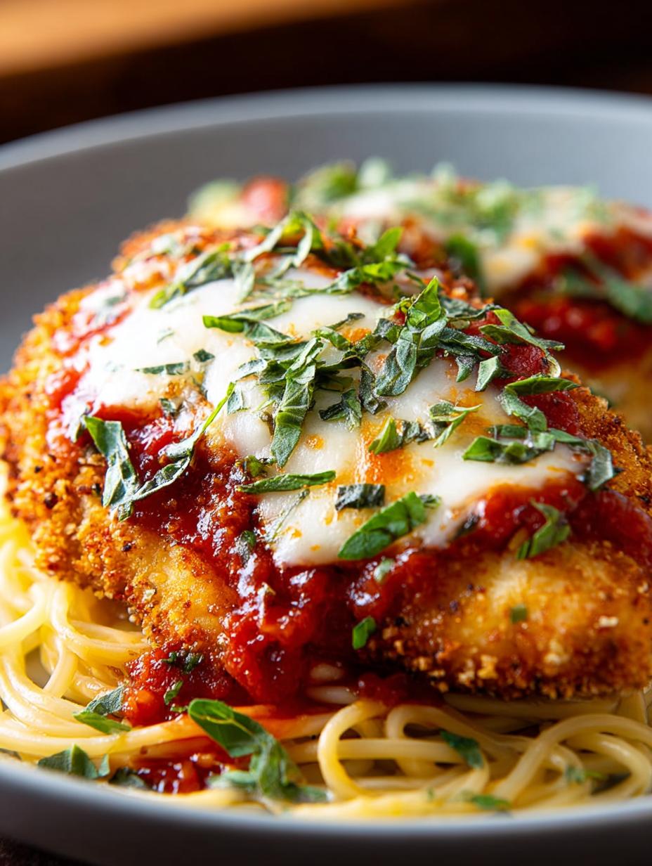 Irresistible Baked Chicken Parmesan with golden crispy crust and melted cheese on a bed of pasta