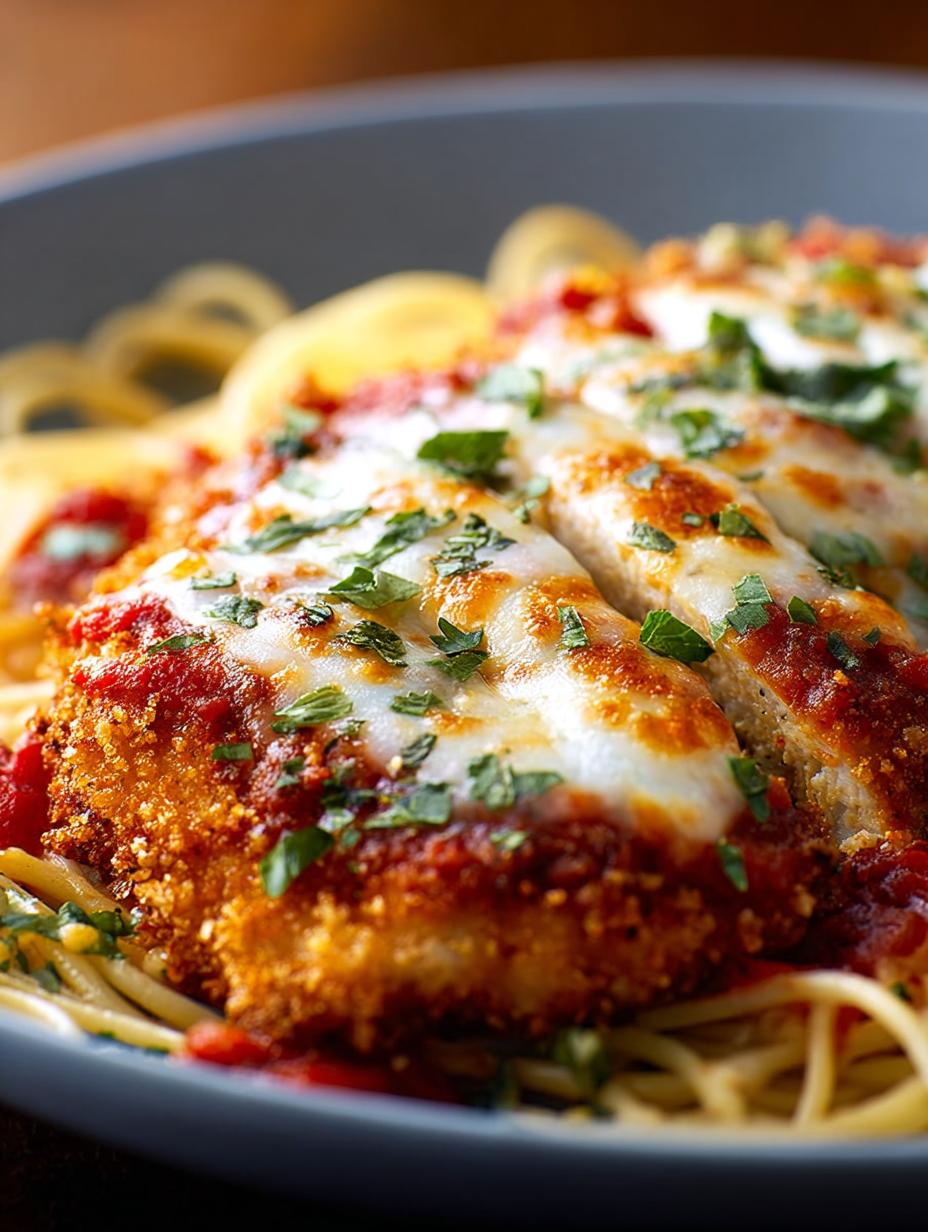 Close-up of a perfectly baked chicken parmesan cutlet with melted mozzarella and fresh basil