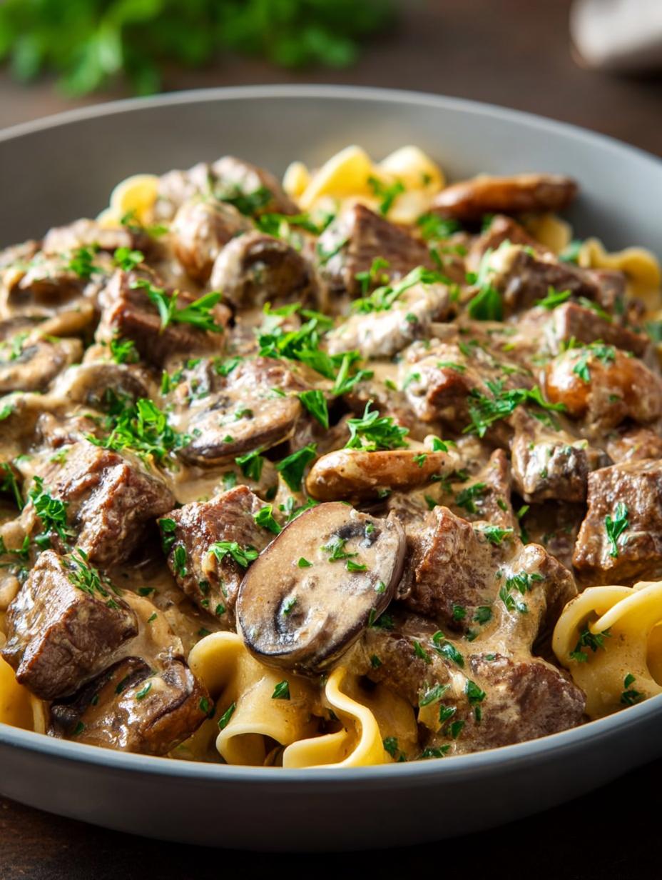 Close-up of a bowl of Beef Stroganoff with egg noodles, showing the rich, creamy sauce, tender beef, and sliced mushrooms - additional detail