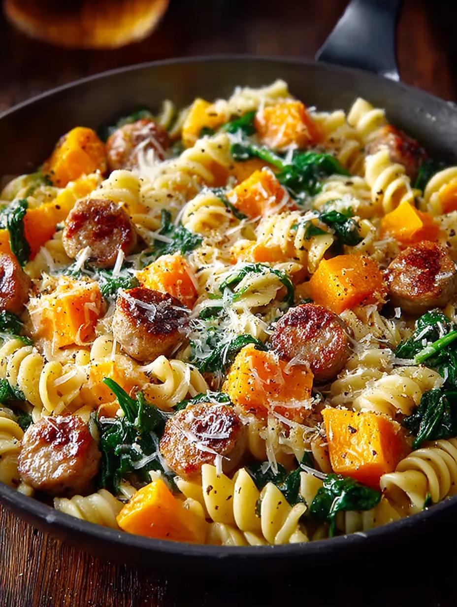 Butternut Squash Pasta, Sausage and Spinach: 7 Cozy Recipes - Butternut Squash Pasta, Sausage and Spinach, Cozy Fall Meal - additional detail