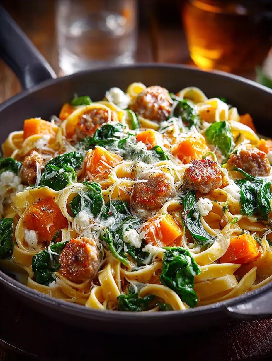 Butternut Squash Pasta, Sausage and Spinach, Cozy Fall Meal